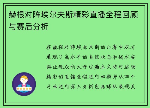 赫根对阵埃尔夫斯精彩直播全程回顾与赛后分析